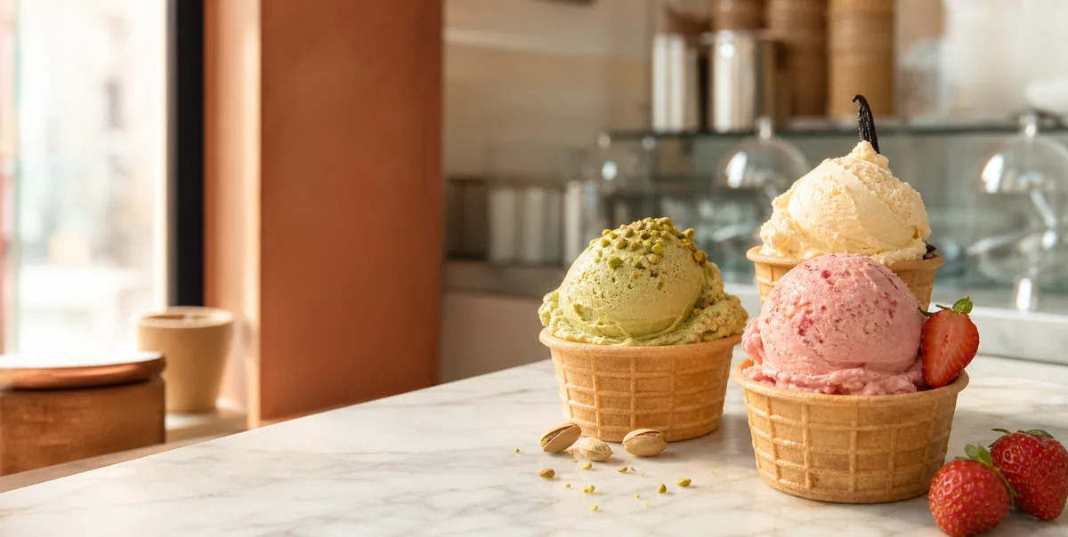 Coppe di gelato artigianale in una gelateria